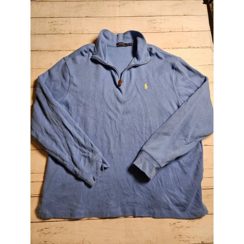 Polo Ralph Lauren Men XL Blue Cotton Quarter Zip Pullover Sweatshirt Yellow Pony